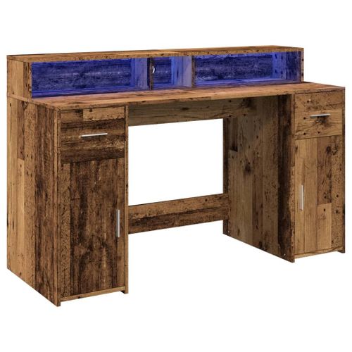 Bureau Table Poste De Travail Meuble D'ordinateur Informatique Étude Avec Lumières Led Vieux Bois Bois D'ingénierie Brun Helloshop26 02_0023435