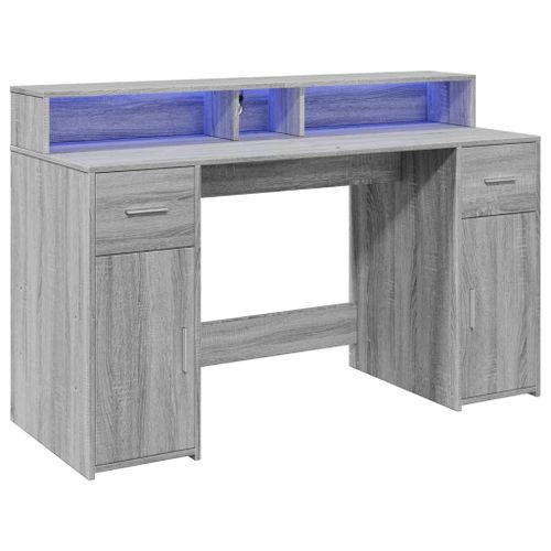 Bureau Table Poste De Travail Meuble D'ordinateur Informatique Étude Et Lumières Led Sonoma 140 X 55 X 91 Cm Bois Ingénierie Gris Helloshop26 02_0023807