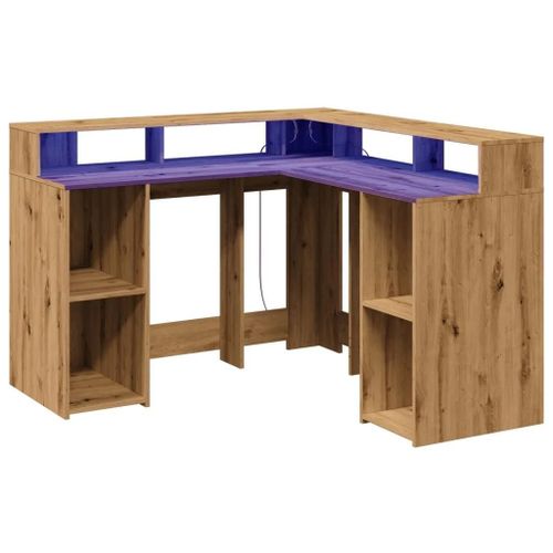 Bureau Table Poste De Travail Meuble D'ordinateur Informatique Étude Avec Lumières Led Chêne Artisanal Bois D'ingénierie Brun Helloshop26 02_0023419