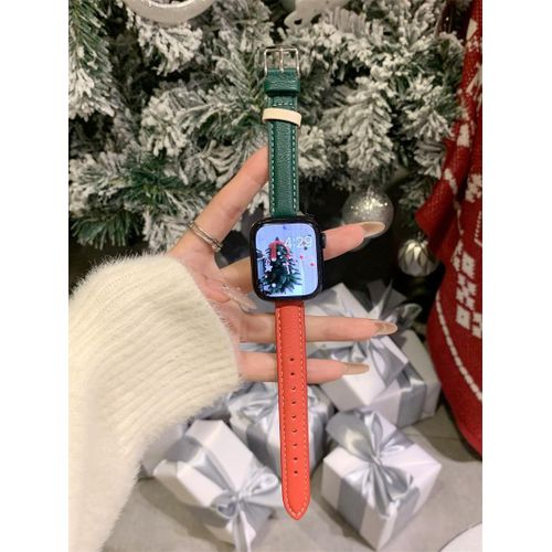 Applicable À S9iwatch87 Apple Watch Se En Cuir Souple Fin Limité Noël Nouveau Bracelet En Cuir D'agneau-Vert Et Rouge - 38/40/41 Mm