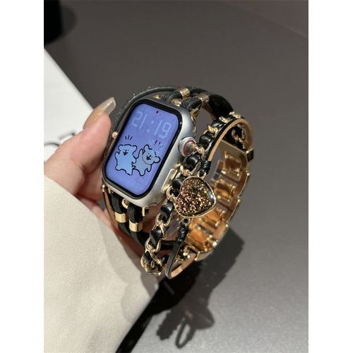 Applicable À La Montre Intelligente Apple Watch 134567 Génération 8se Bracelet Rétro En Cuir Métal Décoratif Bracelet Boucle Invisible-Noir - 42 Mm/44 Mm/45 Mm/49 Mm