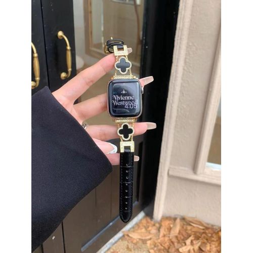 Cuir Véritable Avec Trèfle À Quatre Feuilles Et Nacre Exquis Adapté Au Bracelet De Montre Apple Iwatch Apple Watch S978 Génération 65se-Or Noir - 38 Mm/40 Mm/41 Mm