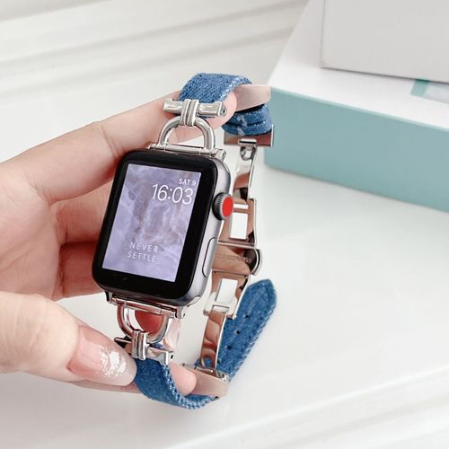Bracelet Polyvalent En Denim Délavé Avec Boucle Papillon Pour Apple Watch Iwatch S98764-Bouton Papillon En Jean - Bleu Classique - 38 Mm/40 Mm/41 Mm