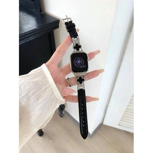 Cuir Véritable Avec Trèfle À Quatre Feuilles Et Nacre Exquis Adapté Au Bracelet De Montre Apple Iwatch Apple Watch S978 Génération 65se-Noir Et Argent - 42 Mm/44 Mm/45 Mm/49 Mm