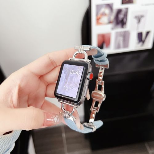 Bracelet Polyvalent En Denim Délavé Avec Boucle Papillon Pour Apple Watch Iwatch S98764-Bouton Papillon En Denim - Bleu Délavé - 38 Mm/40 Mm/41 Mm