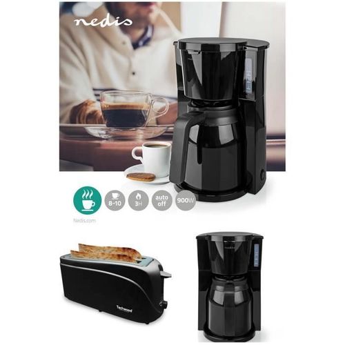 Cafetière Machine à café Electrique Isotherme NOIRE 1.5L 900W + Grille-pain NOIR 2 Longues et larges Fentes 1300W pas cher