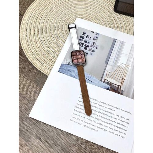 Motif Litchi Magnétique Pour Bracelet Apple Watch Iwatch 9, Bracelet De Montre S8 Niche Se56-Boucle Carrée À Ventouse Magnétique - Blanche Et Marron - 38/40/41 Mm Universelle