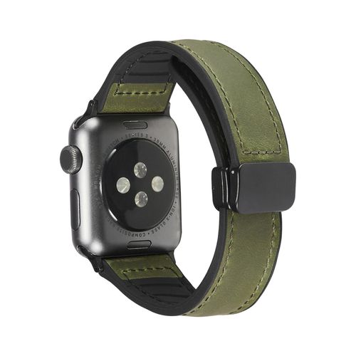 Boucle Magnétique En Cuir Grainé Crazy Horse Compatible Avec Apple Watch Iwatch 9 Retro 8741 En Silicone Ultra-Vert Militaire - 38 Mm/40 Mm/41 Mm