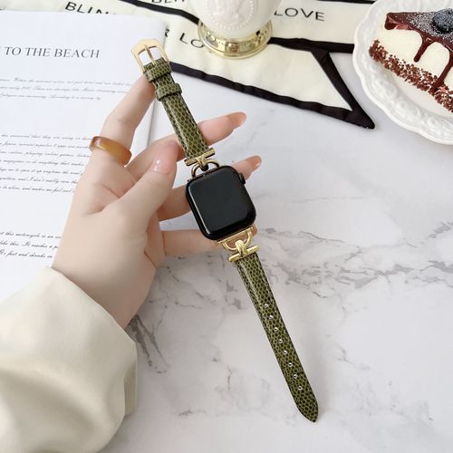 Applicable Au Bracelet Apple Watch Motif Lézard Boucle Dorée Bracelet En Cuir Véritable Apple Watch Iwatch678 Génération 40 45-Lézard Vert Olive - 38 Mm/40 Mm/41 Mm