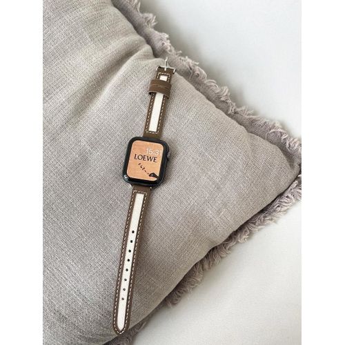 Applicable Au Bracelet Iwatch Applewatch Bracelet Apple Watch 8e Génération 76 Toile Ins10 Style Cuir Niche 45-Cuir Fin Marron Et Toile Blanc Cassé - (1/2/3 Génération 42 Mm)/44/45/46/49 Mm Universe