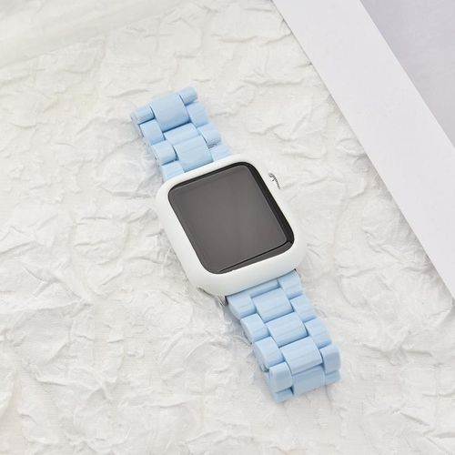 Nouveaux Modèles Printemps Et Été Pour Apple Watch Iwatch 7 Génération 65432 Bracelet De Montre Femme Couleur Bonbon Uni-Boîtier Bleu Clair + Blanc [Avec Ouvre-Montre] - 38 Mm