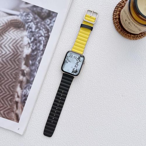 Nouveau Style Pour Apple Iwatch 1-7 Générations Boucle Carrée Avant Et Arrière Double Couleur Bracelet En Cuir Véritable Apple Watch S7-Noir + Jaune - 38/40/41 Mm