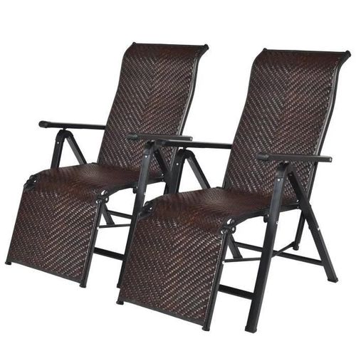 Costway Lot De 2 Transat Chaises Longues De Jardin En Rotin Avec Position Réglable Et Accoudoir, Cadre En Fer, Pour, Terrasse, Plage