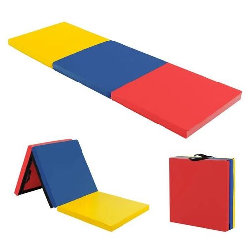 Tapis De Gym Pliable Costway-180 X 60 X 5cm-3 Plis Avec Poignée-Attaches Auto-Agrippantes-En Pu Etanche Remplissage Epe-Coloré