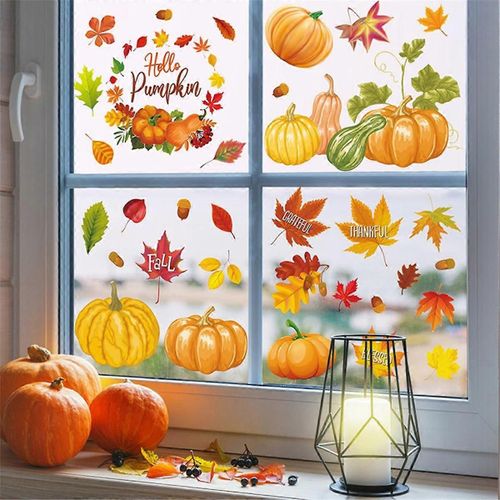 Citrouille d¿automne Maple Leaf Window Autocollants Thanksgiving Glass Décoration Citrouille Maple Leaf Decals Autocollants muraux d¿automne