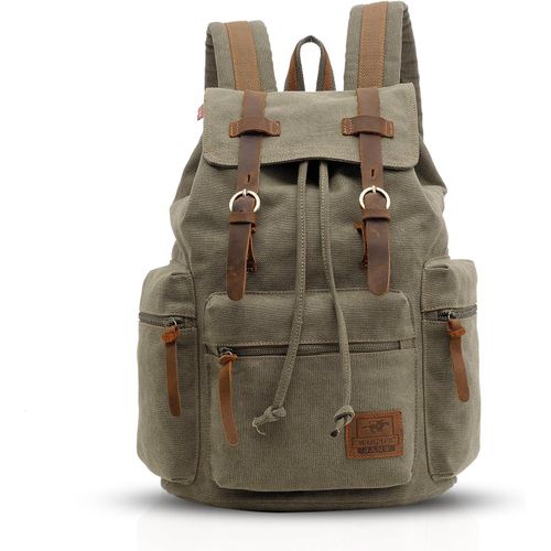 Rétro 15.6 Pouces Sac A Dos Pour Ordinateur Portable Laptop Plein Air Voyage Travail Étudiant Randonnée Sacs D'École Daypack Toile Armée Verte L