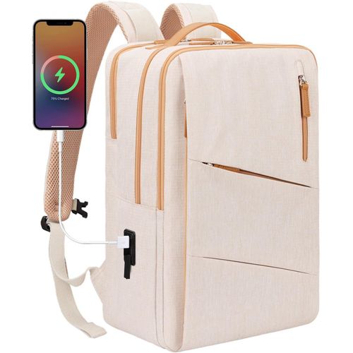 Sac À Dos Intelligent Pour Femme Voyage,Sac À Dos Durable Pour Ordinateur Portable Avec Port De Charge Usb Et Poche Humide Pour Ordinateur Portable 15,6 Pouces,Beigeplus
