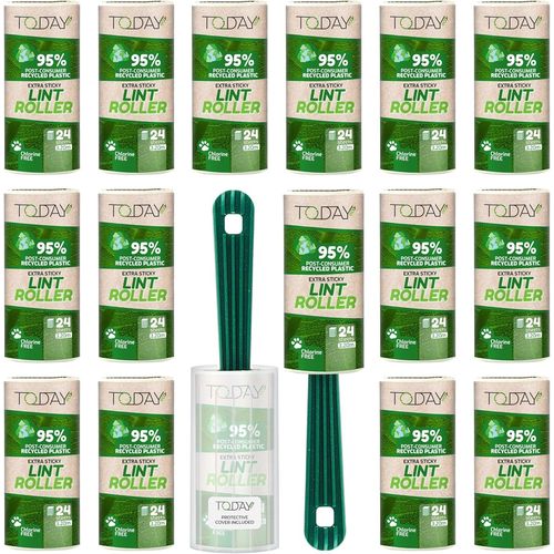 Eco-Rouleau Adhesif Vetement 16 Rouleaux Avec Couvercle + 2 S. Plastique 95% De Matériaux Recyclés. Anti Poil Animaux