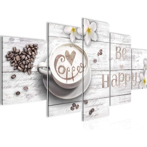 Tableau Mural Café Cuisine 5 Parties Impression Sur Toile Intissee Decotation Salon Be Happy Blanc 020652C
