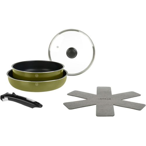 715711 Batterie De Cuisine Aluminium Recyclé : 1 Sauteuse Ø 24cm + Couvercle En Verre + 1 Poêle Ø 28cm Vert Metallisé + Manche Amovible + 1 Feutrine-Tous Feux Dont Induction