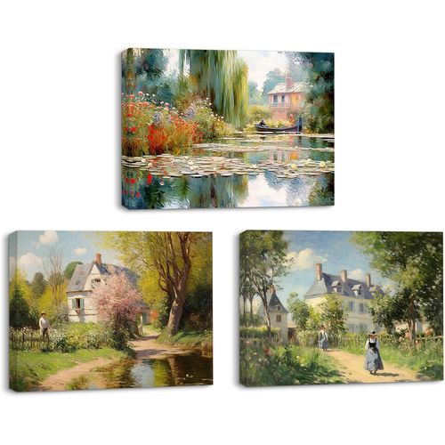 3x Peinture Sur Toile Belle Vue Sur La Campagne,Fleurs Et Arbres,Impression Sur Toile,Art Et Affiche Pour Salon Salle De Bain Bureau Décoration Murale 40x30cm,Ca E Intérieur