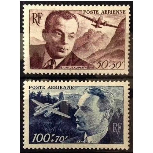 France 1947, Très Beaux Timbres Neufs** Luxe Yvert 21 Et 22 De Poste Aérienne, Hommage À Dagnaux Et Saint Exupéry.
