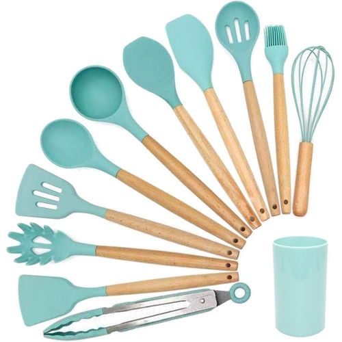 - Ustensiles De Cuisine 12 Pièces Vert | Ensemble D'ustensiles Anti-Adhérents Résistants À La Chaleur Manche Ergonomique En Bois - Sans Bpa (Vert)
