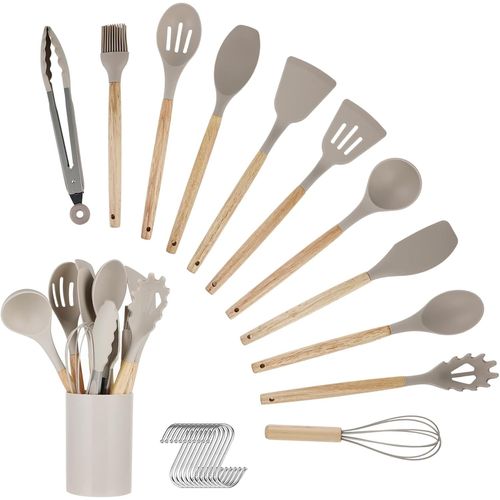 Ensemble D'ustensiles De Cuisine, 12 Pièces En Silicone Avec Boîte À Couverts Et Poignées En Bois, Résistant À La Chaleur, Antiadhésif, Lavable Au Lave-Vaisselle (Khaki)