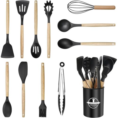 Ustensiles De Cuisine En Silicone 12 Pièces,Set Ustensile Cuisine Antiadhésifs Avec Poignée En Bois Avec Porte-Ustensiles,Cuisine Accessoires Passe Au Lave-Vaisselle