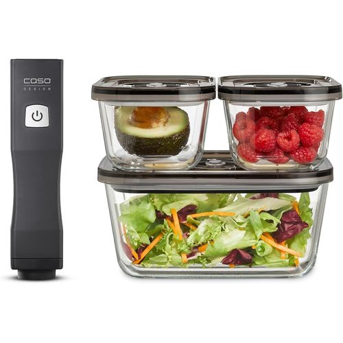 Vacu Onetouch Eco-Set Avec 3 Récipients Sous Vide En Verre, 10 Poches Zip Et Autocollant De Manager Alimentaire Sans Fil Rechargeable Jusqu'À 150 Minutes