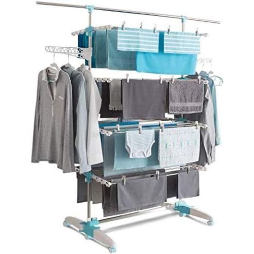 - Séchoir À Linge Vertical Pliable 4 Niveaux Optimum Capacité 30M Avec Tringle Télescopique Blanc Et Bleu
