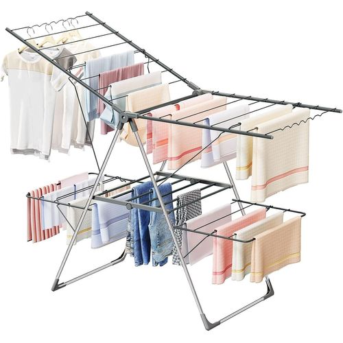 Séchoir À Linge À 2 Niveaux, Pliable Etendoir Linge Avec 4 Ailes Réglables En Hauteur, 3 Secondes Déplier Ou Plier, Acier Inoxydable Tancarville Linge Intérieur Extérieur, 143Cm, Gris