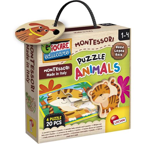 Lisciani - Montessori Wood Puzzle Animals - 4 Puzzles En Bois Avec Bébé Animaux - 20 Pièces - Pour Enfants Dès 1 An - Stimule La Logique Et La Mémoire - Fabriqué En Italie