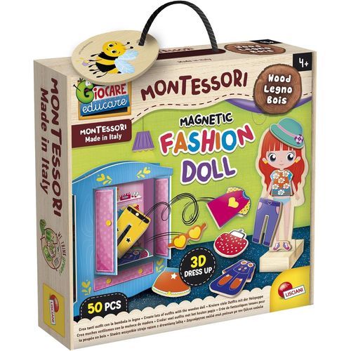Lisciani- Montessori Fashion Doll - Pour Enfants Dès 4 Ans - Habillez Vos Poupées En Bois Avec 26 Vêtements Magnétiques Au Choix - Armoire 3d & Support - Jeu Montessori - Fabriqué En Italie