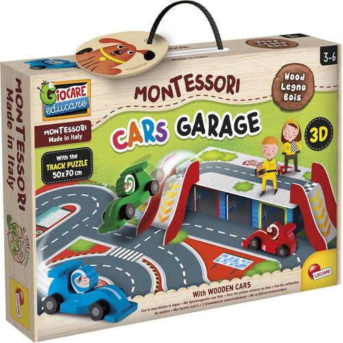 Lisciani - Montessori - Garage Pour Voitures - Jeu D'imagination Et D'action - Voitures En Bois - Garage Et Toboggan 3d - Piste De Course - Pour Enfants De 1 À 4 Ans