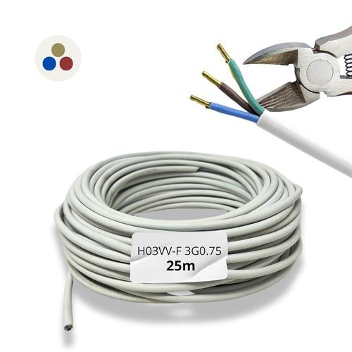 25 Mètres Câble Électrique 3 Fils 3X0.75 | Câble Pour Extensions H03Vv-F | Câble D'Installation | Câble De Courant | Pvc | Blanc | Câble Gaine Ronde | Câble Triphasé