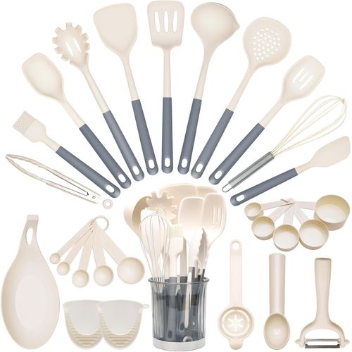 Ensemble D'ustensiles De Cuisine En Silicone, 28 Pièces, Anti-Adhésifs, Résistants À La Chaleur, Avec Support Pour Ustensiles De Cuisine Antiadhésifs (Blanc)