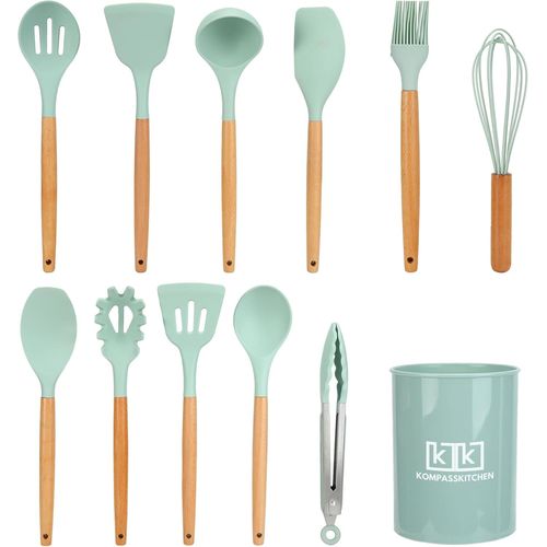 Ustensiles De Cuisine En Silicone Avec Manche En Bois, 12 Pièces, Résistants À La Chaleur Et Anti-Adhésifs, Anti-Rayures, Sans Bpa, Set D'ustensiles De Cuisine, Accessoires De Cuisine, Ustensiles De