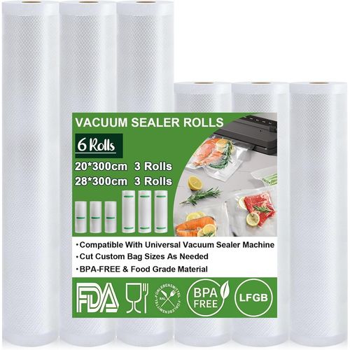 Lot De 6 Rouleaux De Sacs Sous Vide, 20 X 300 Cm (3 Rouleaux) Et 28 X 300 Cm (3 Rouleaux), Sans Bpa, Indéchirable, Pour Toutes Les Machines Sous Vide, Micro-Ondes Et Sous Vide