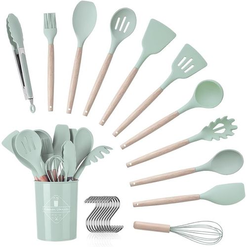 Ensemble Ustensiles De Cuisine, 12 Pièces, Ustensiles De Cuisine Avec Manche En Silicone Et Bois, Sains, Antiadhésifs, Compatibles Avec Le Lave-Vaisselle, Design Résistant À La Chaleur.