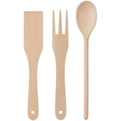 Ensemble D'ustensiles De Cuisine En Bois De Hêtre Massif - Spatule, Cuillère Et Fourchette - Antiadhésif, Naturel Et Résistant - 3 Pièces