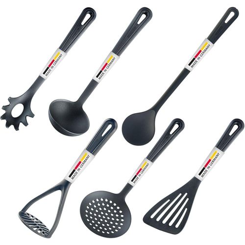 Set D'ustensiles De Cuisine, 6 Pcs, Spatule, Cuillère À Remuer, Ecumoire, Cuillère À Spaghetti, Louche À Soupe, Presse-Purée À Pommes De Terre, Plastique, Gentle, Noir, 283522e6