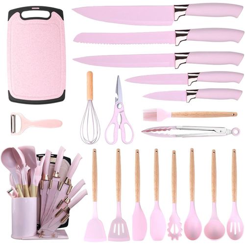 Lot De 20 Ustensiles De Cuisine En Silicone Résistants À La Chaleur Avec Porte-Ustensiles, Ensemble D'ustensiles De Cuisine Avec Set De Couteaux Et Support, Rose