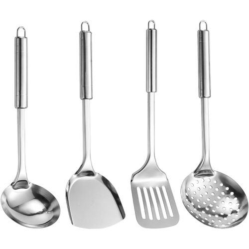 4 Pièces Lot Ustensiles De Cuisine Inox, Set Ustensile Cuisine, Ustensiles Cuisine, Ustensile De Cuisine Set, Louche Cuisine Louche À Soupe, Spatule, Cuillère (Aargent)