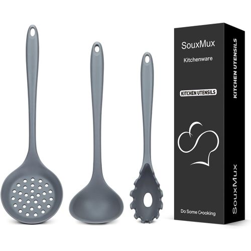 Set D'ustensiles De Cuisine En Silicone 3 Pièces, Louche À Soupe-Fourchette À Pâtes-Cuillère À Fente, Ustensiles De Cuisine Antiadhésifs Sans Bpa Et Résistants À La Chaleur Pour Mélanger, Servir