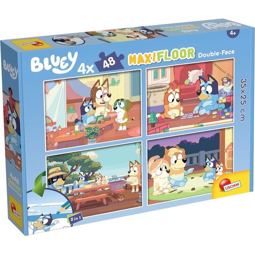 Lisciani - Bluey - 4 Puzzles Pour Enfants Dès 4 Ans - 4 X 48 Pièces - Maxifloor 35x25 Cm - Puzzles 2 En 1 - Double Face Avec Verso À Colorier - Jeux Educatifs - Jeu De Réflexion Et Patience