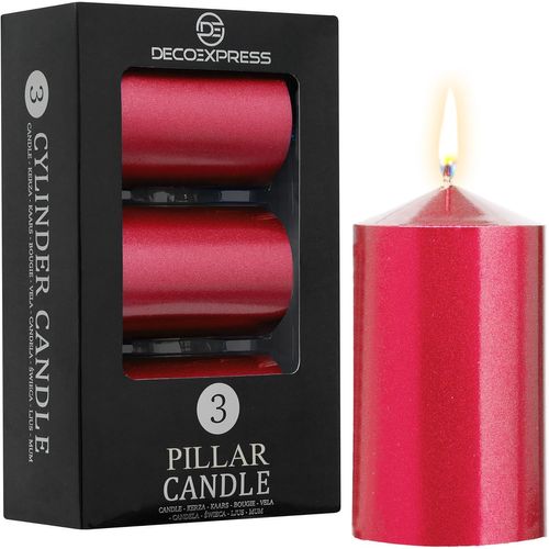 Lot Bougies Piliers De 3, Bougie Longue Durée De Combustion De 30 Heures, Sans Parfum, Gamme Métallique (Rouge Métallique - Lot De 3)