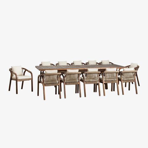 Ensemble Table Rectangulaire Extensible 200-260-320x100 Cm Et 12 Chaises De Salle À Manger Avec Accoudoirs En Bois D'acacia De D Blanc Gardenia Brun Acacia Foncé