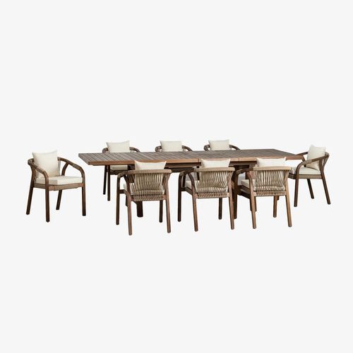 Ensemble Table Rectangulaire Extensible 200-260-320x100 Cm Et 8 Chaises De Salle À Manger Avec Accoudoirs En Bois D'acacia De Du Blanc Gardenia Brun Acacia Foncé