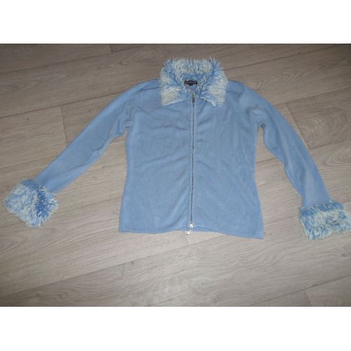 Gilet Attentif Bleu Ciel Col Et Bas Des Manches Fourrure L/Xl